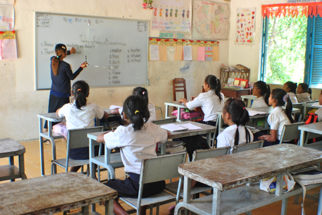 A Cambodian teacher in a classroom at Knar Primary School.