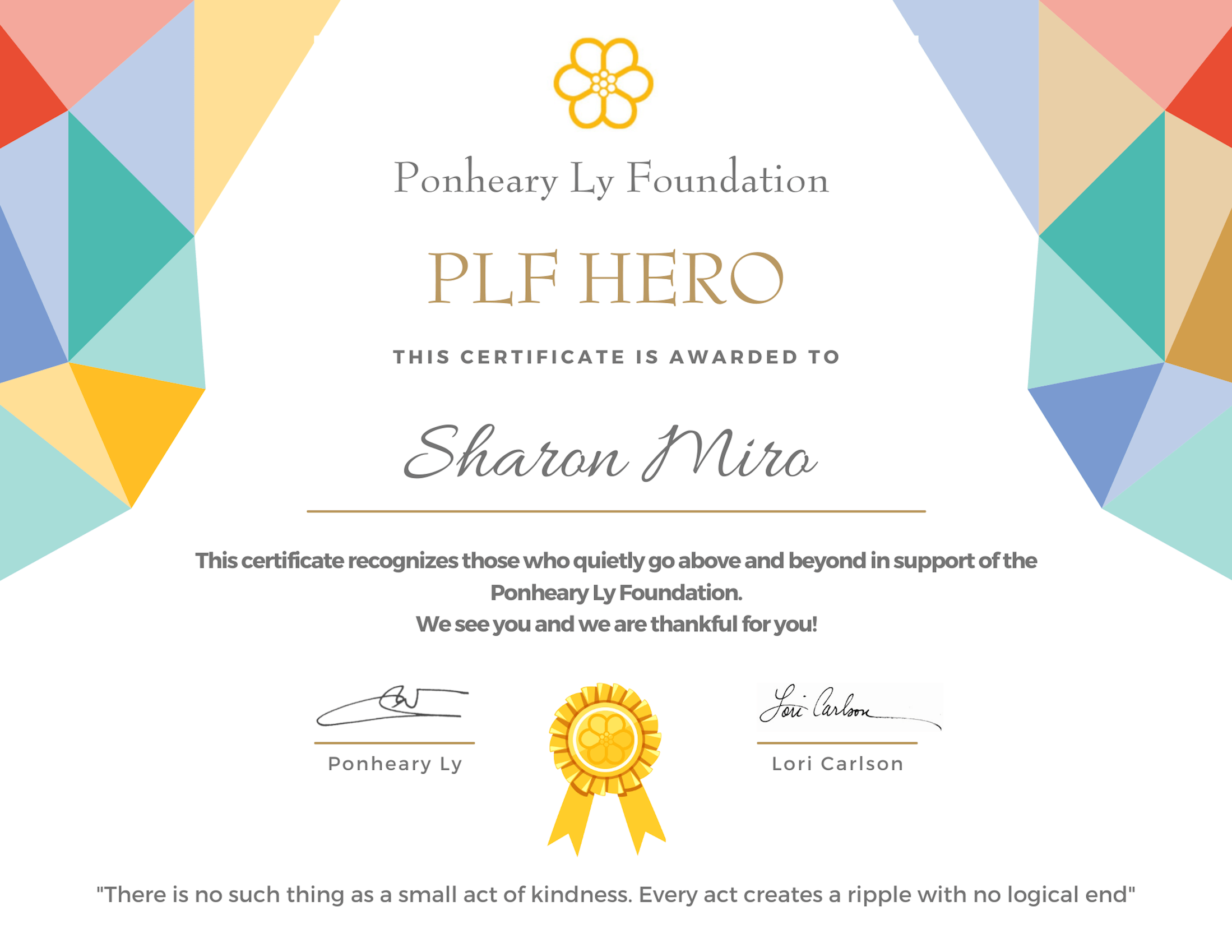 1 Sharon Miro PLF Hero Certificate Sharon Miro