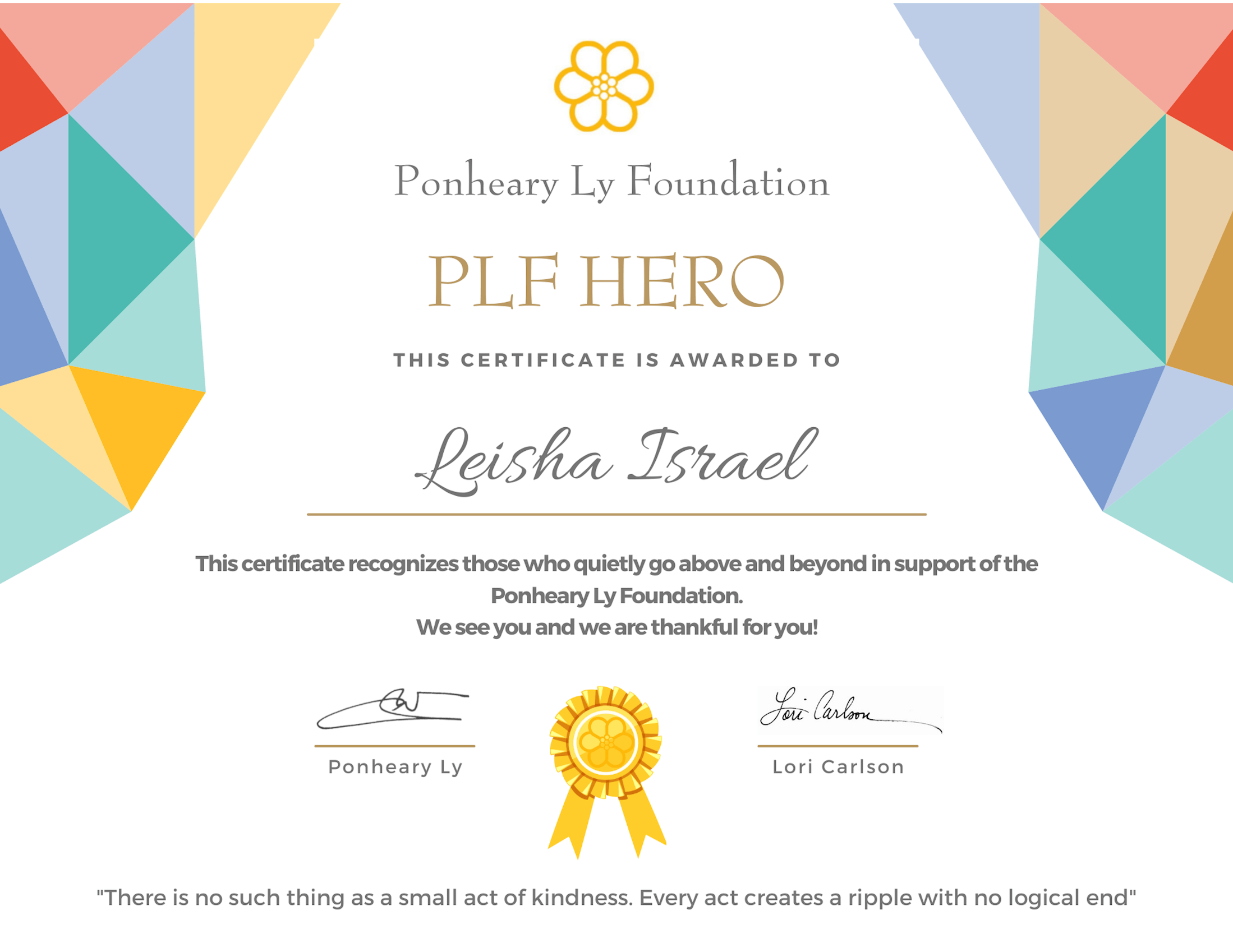 11 Leisha Israel PLF Hero Certificate Leisha Israel