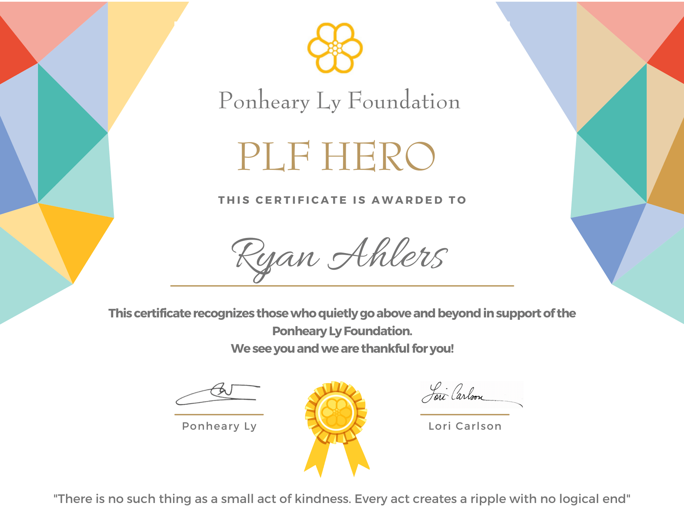 PLF Hero Certificate Ryan Ahlers