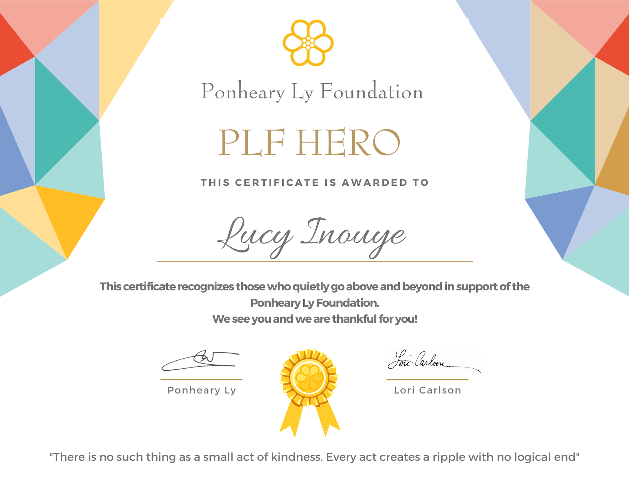 PLF Hero Certificate Lucy Inouye