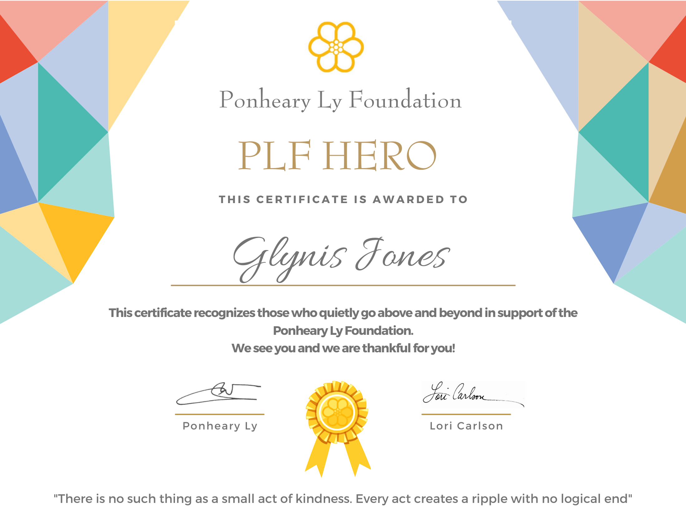 PLF Hero Certificate Glynis Jones