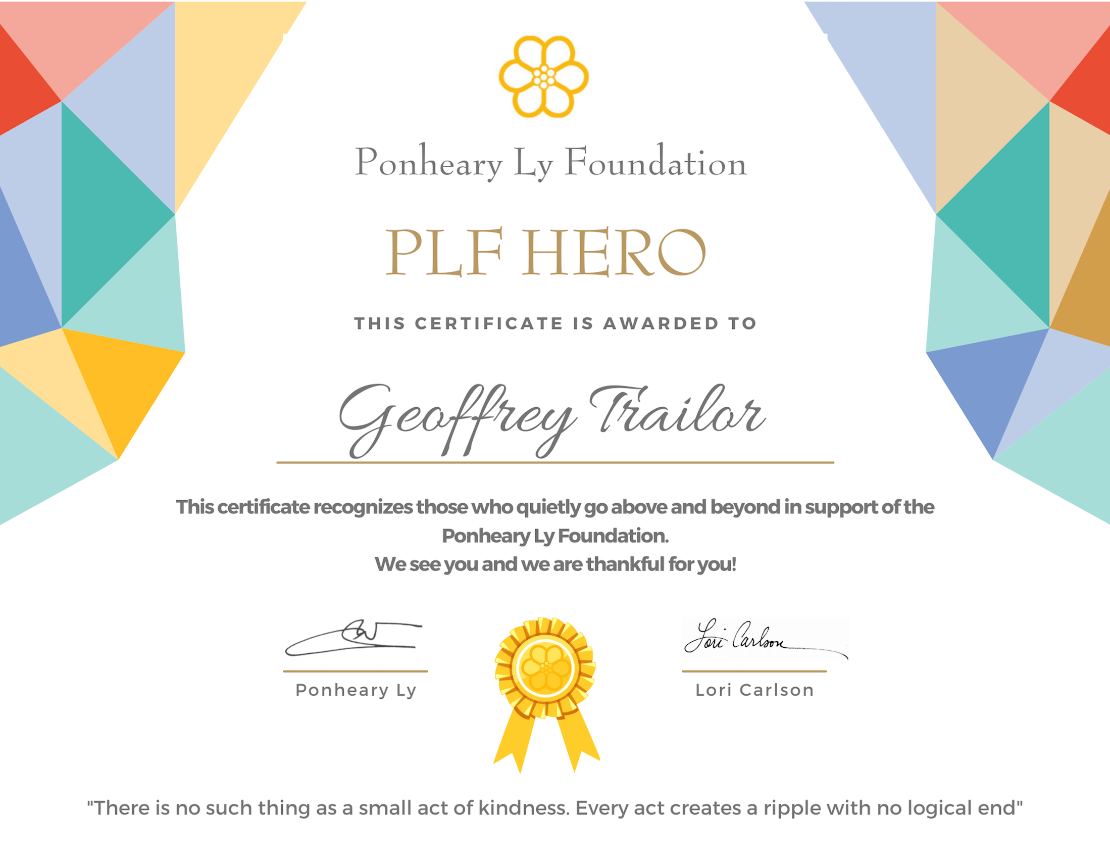 PLF Hero Certificate Geoffrey Trailor