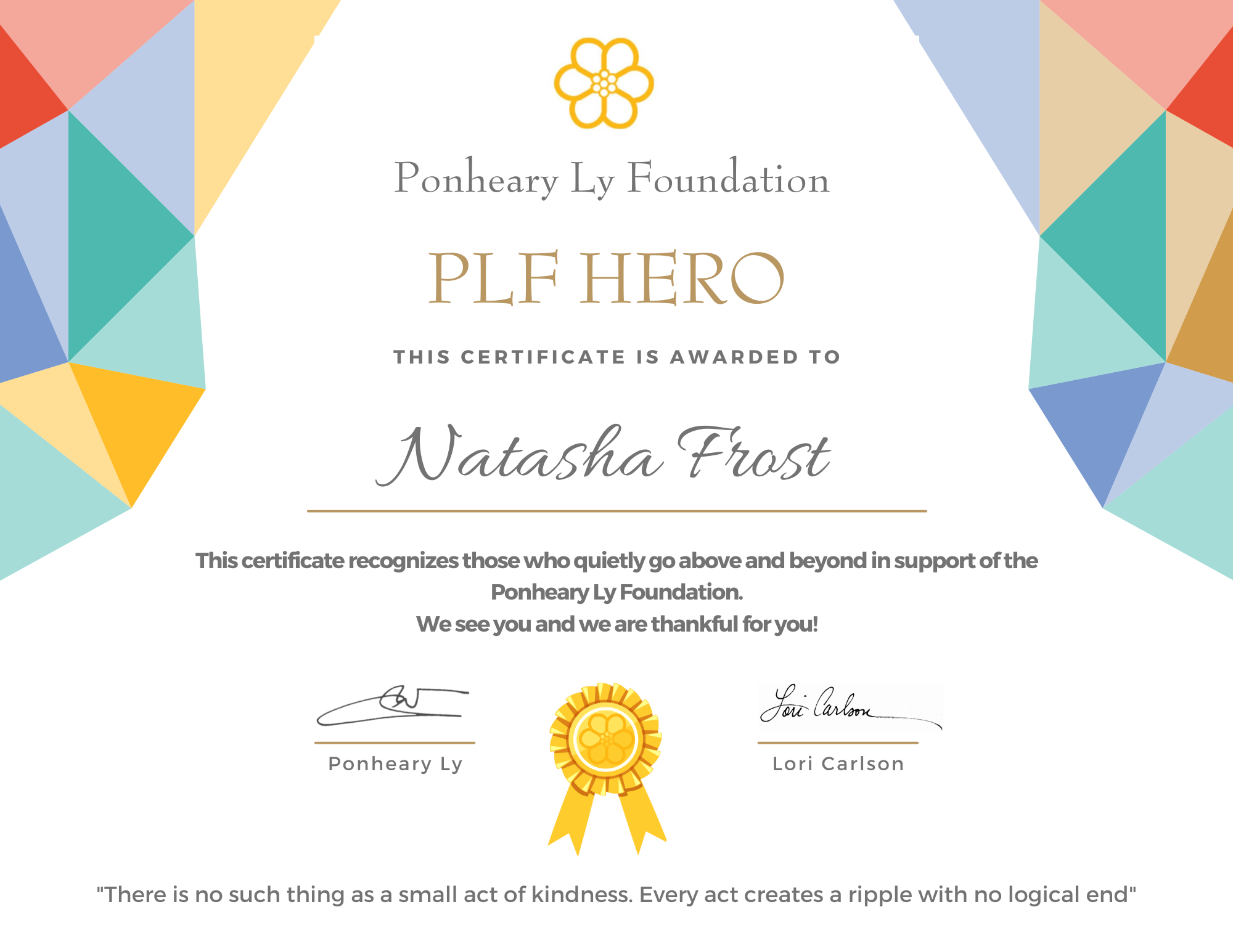 PLF Hero Certificate Leisha Israel